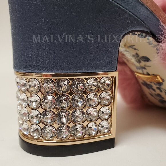 GUCCI SHOES CANDY SATIN AND FAUX FUR MULES CRYSTAL HEEL sz IT 35.5 US 5.5 - Picture 11 of 16